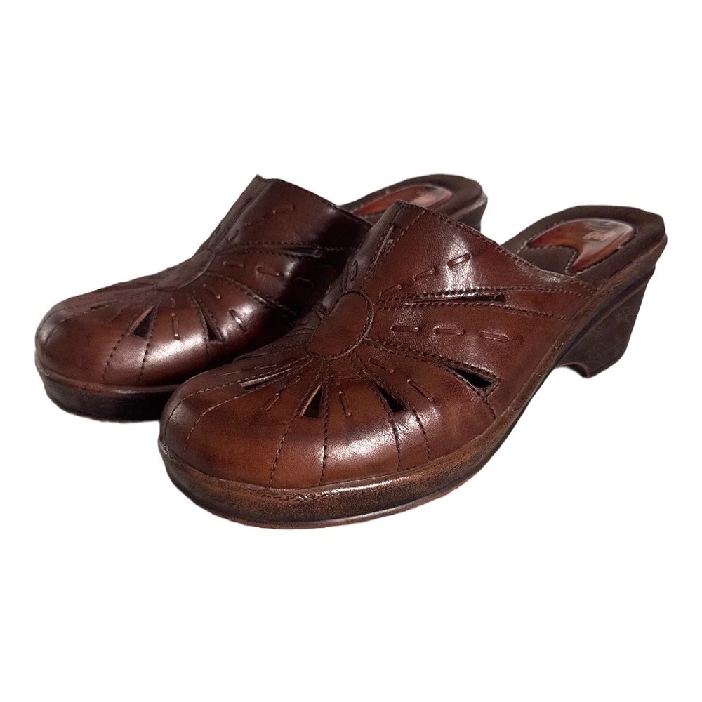 Dr Scholls Brown Leather Clogs Massaging Gel Mules Cutout Floral Womens 7.5